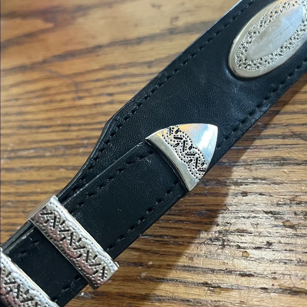 Leather black belt with double buckle silver hardware